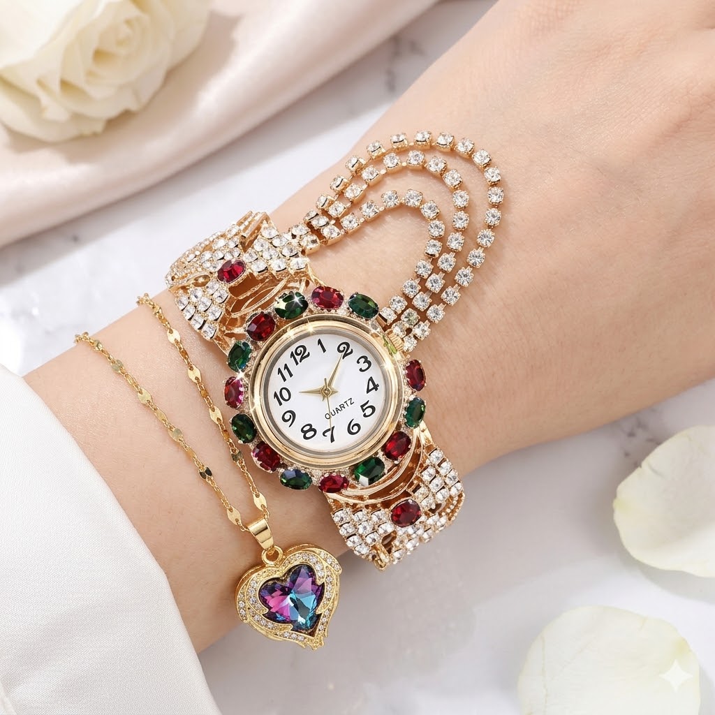 luxury women watch and heart locket combo (C19331)